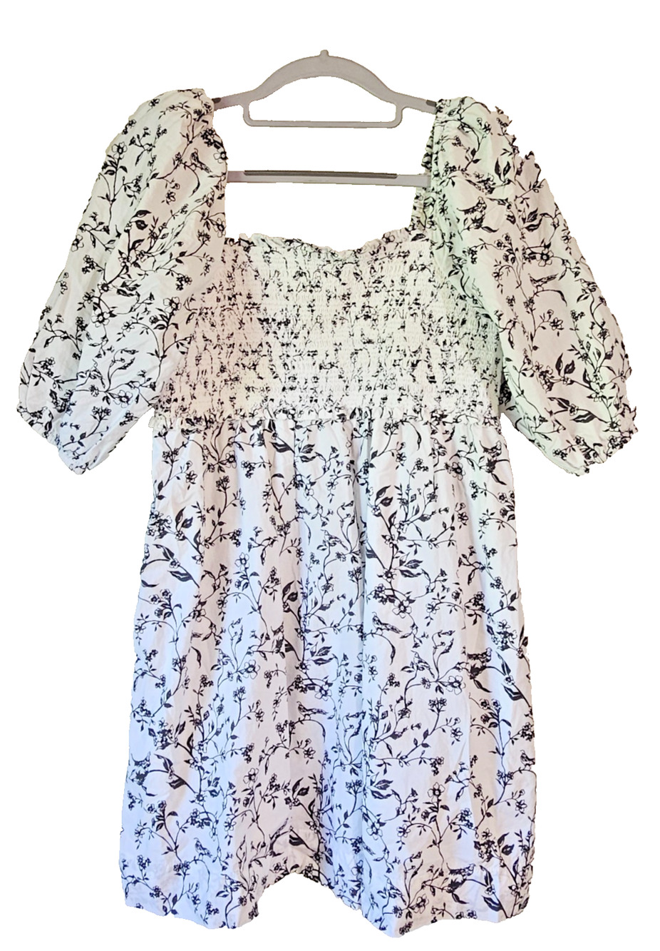 American Eagle Womens S White Black Floral Smocked Mini Dress Puff Sleeve Cotton